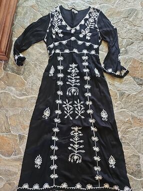 Cost Plus World Market Black Maxi Dress with White Embroidery